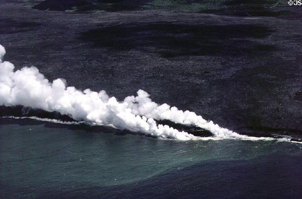 Aerial view of hot lava meeting sea in Volcanoes National Park. Big Island of Hawaii, HI.