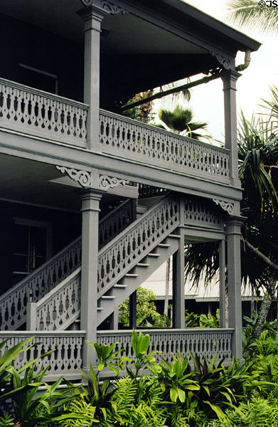 Outside staircase of Hulihe'e Palace, Kailua-Kona. Big Island of Hawaii, HI.