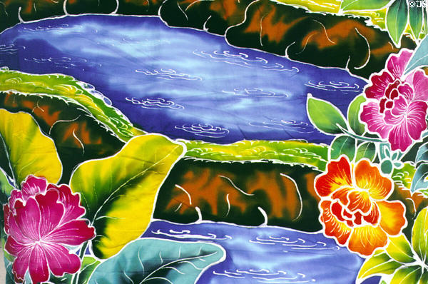 Batik showing flowers & sea in market at Kailua-Kona. Big Island of Hawaii, HI.
