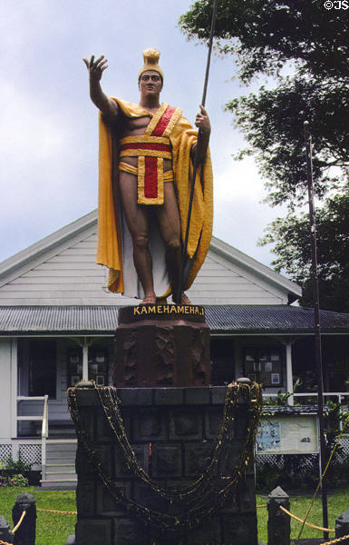 Original Kamehameha statue once sunk at sea now at Kapaau. Big Island of Hawaii, HI.