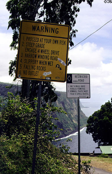 Warning signs for those driving down into Waipio Valley. Big Island of Hawaii, HI.