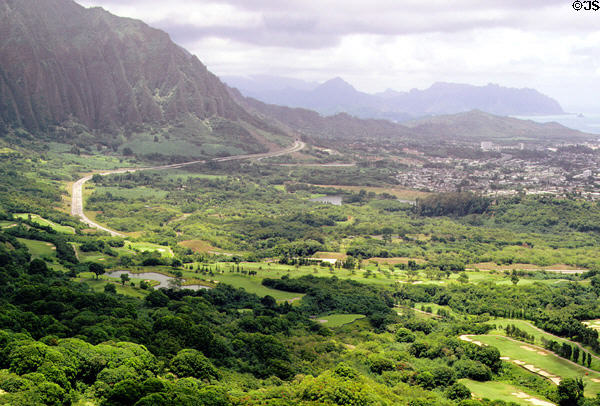 View of Oahu from Pali lookout state park. Oahu, HI.