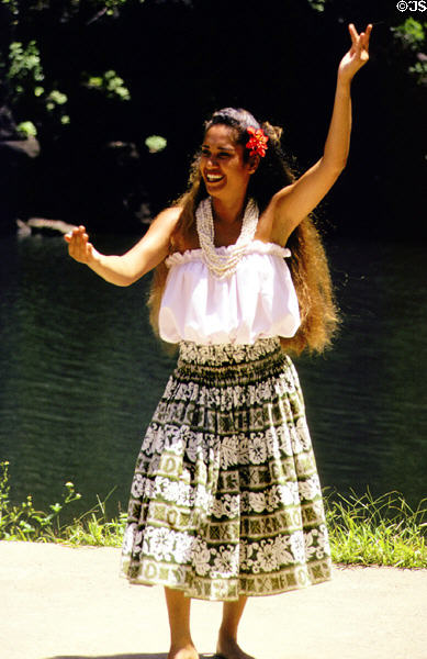 Female Hawaiian dancer at the Waimea Valley Adventure Park. Oahu, HI.