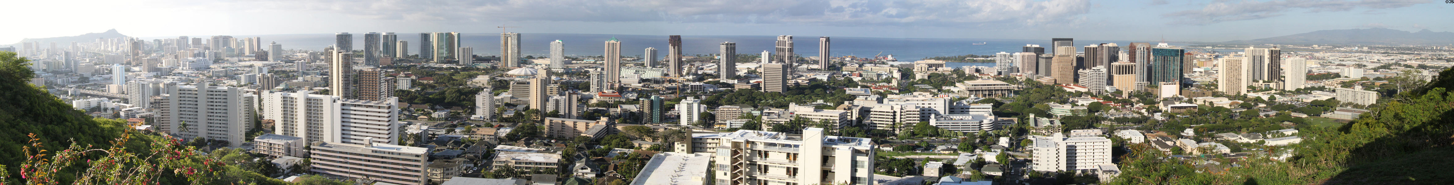Panorama of Waikiki through downtown Honolulu from rim of Punchbowl Crater. Honolulu, HI.
