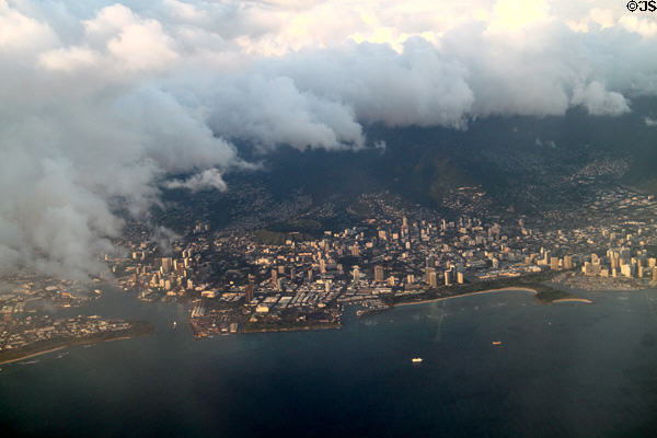 Aerial view of downtown Honolulu. Honolulu, HI.