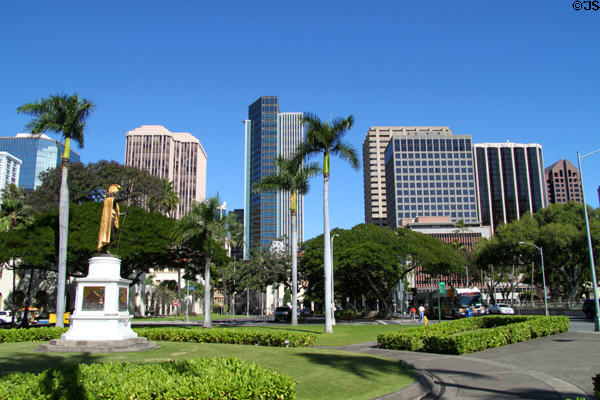 Statue of King Kamehameha with City Financial Tower, First Hawaiian Center, Central Pacific Plaza, Pauahi Tower & 1132 Bishop. Honolulu, HI.