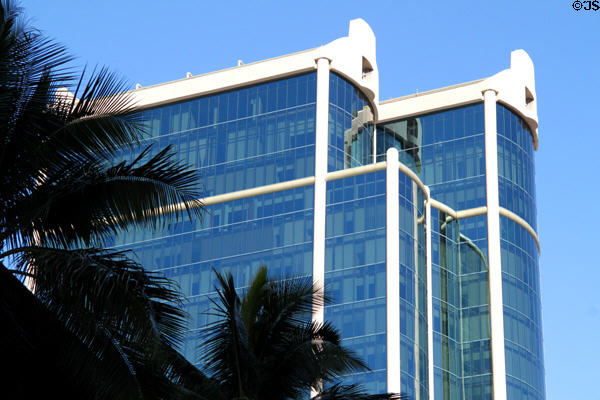 Blue glass facade of Harbor Court. Honolulu, HI.