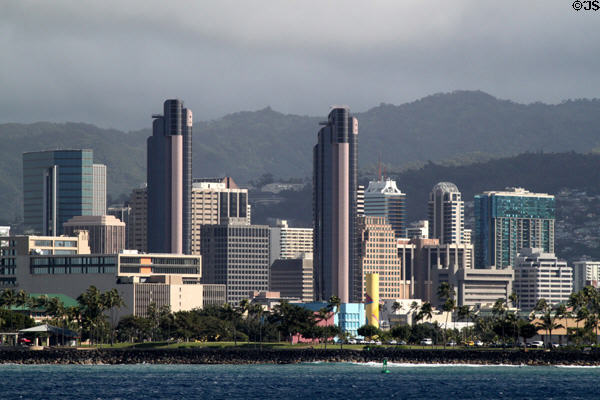 Skyline of Honolulu with One Waterfront Towers. Honolulu, HI.