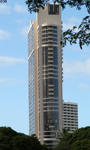 Round end view facade of Keola Lai condominium. Honolulu, HI.