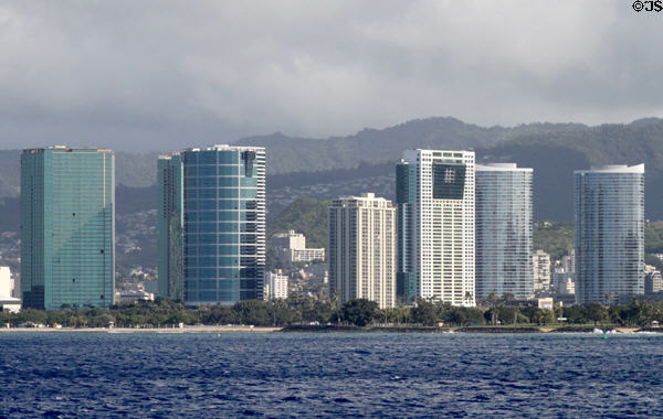 Hokua (2006) (1288 Ala Moana), round Nauru (1992) (1330 Ala Moana), 1350 Ala Moana (1968), black & white Hawaiki (1999) (88 Piikoi St.), & twin oval Moana Pacific (2007) (1288 Kapiolani Blvd.) Towers. Honolulu, HI.