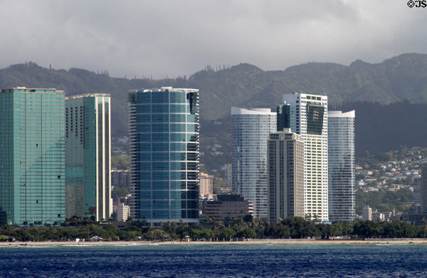 Hokua (2006) (1288 Ala Moana), Koolani (2006) (1177 Queen St.), round Nauru (1992) (1330 Ala Moana), 1350 Ala Moana (1968), black & white Hawaiki (1999) (88 Piikoi St.), & twin oval Moana Pacific (2007) (1288 Kapiolani Blvd.) Towers. Honolulu, HI.