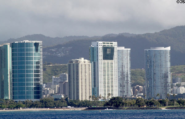 Nauru (1992) (1330 Ala Moana), 1350 Ala Moana (1968), black & white Hawaiki (1999) (88 Piikoi St.), & twin oval Moana Pacific (2007) (1288 Kapiolani Blvd.) Towers. Honolulu, HI.