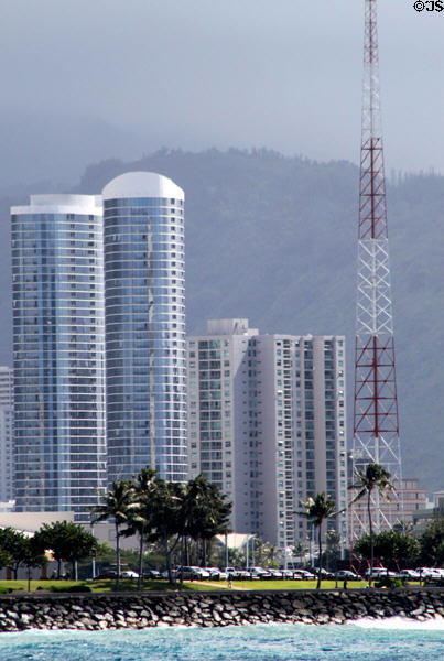 End of oval view of Moana Pacific Towers. Honolulu, HI.