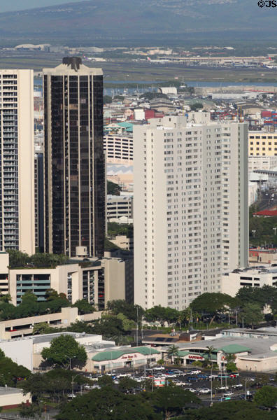 Apartment buildings at Maunakea & Kukui seen from Punchbowl rim. Honolulu, HI.