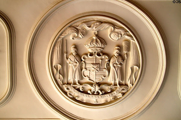 Royal seal on ceiling medallion of 'lolani Palace. Honolulu, HI.