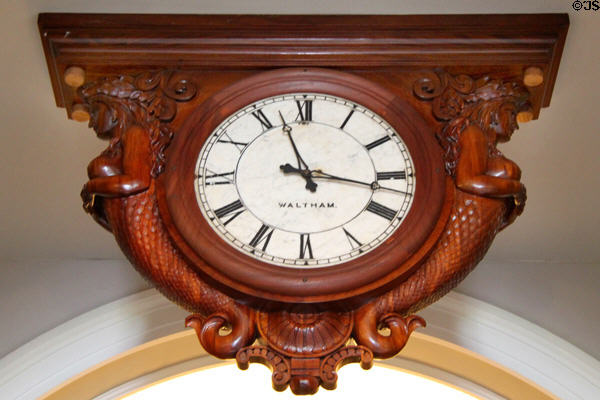 Waltham clock carved with mermaids in Ali'iolani Hale (Old Courthouse). Honolulu, HI.