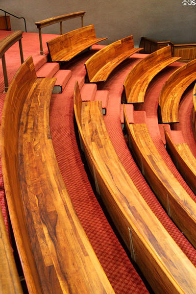 Acacia Koa wood seats in House of Representatives chamber of Hawaii State Capitol. Honolulu, HI.