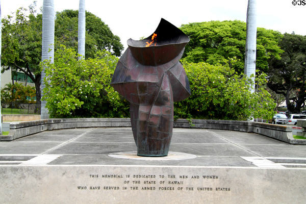 Capitol memorial dedicated to men & women of State of Hawaii who have served in armed forces of the United States with Eternal Flame sculpture by Bumpei Akaji. Honolulu, HI.
