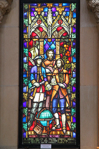 Stained glass window of King Kamehameha IV with British explorers in St. Andrew's Cathedral. Honolulu, HI.