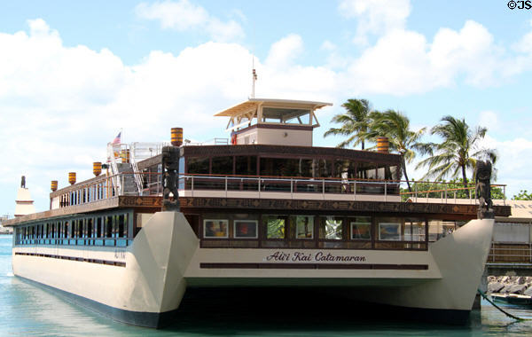 Ali'i Kai Catamaran for dinner cruises docked on Honolulu waterfront. Honolulu, HI.