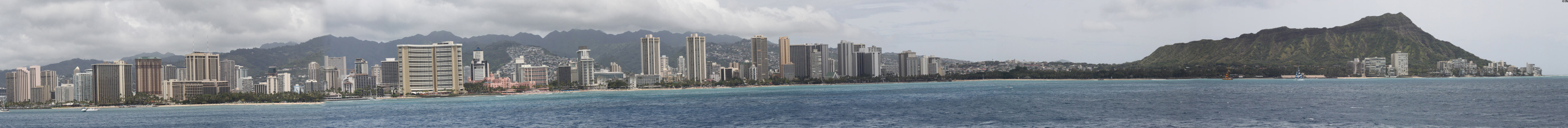 Panorama of Waikiki from Prince Hotel to Diamond Head volcanic cone. Waikiki, HI.