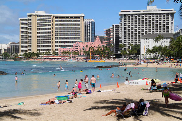 Sheraton & Royal Hawaiian Hotels over Waikiki Beach. Waikiki, HI.