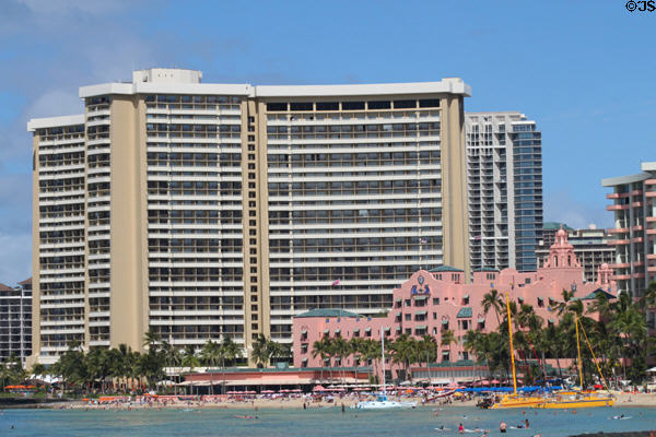 Sheraton & Royal Hawaiian Hotels over Waikiki Beach. Waikiki, HI.