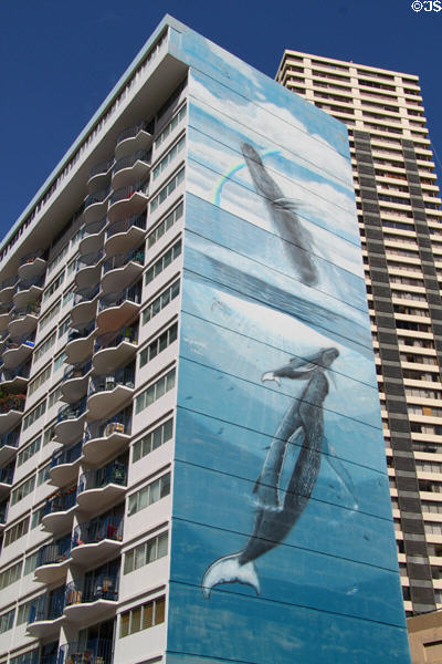 Royal Aloha Condominium (1971) (15 floors) (1909 Ala Wai Blvd.) with whale mural by Wyland. Waikiki, HI.
