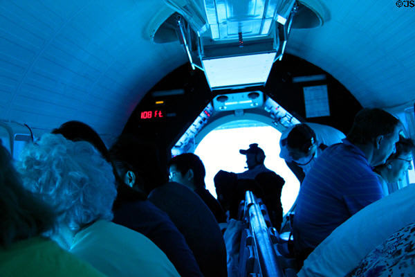 View of cockpit & depth meter at 108 ft. down in Atlantis XIV submarine. Waikiki, HI.