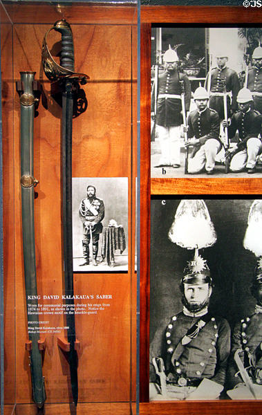Hawaiian military history display with King David Kalakaua's saber (1874-91) at U.S. Army Museum. Waikiki, HI.