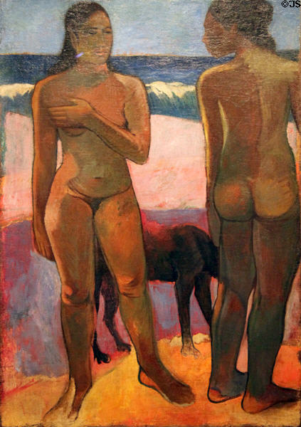 Two Nudes on a Tahitian Beach painting (1891-4) by Paul Gauguin at Honolulu Academy of Arts. Honolulu, HI.