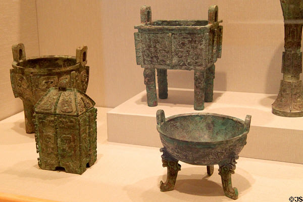Chinese bronze vessels from Shang dynasty (c1500-1050 BCE) at Honolulu Academy of Arts. Honolulu, HI.