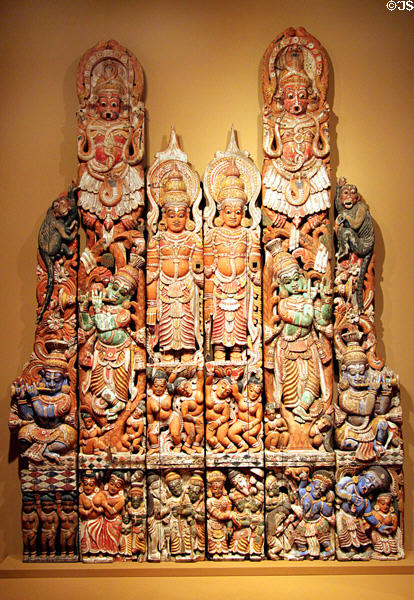 Indian wood carving (late 17thC) of chariot panels at Honolulu Academy of Arts. Honolulu, HI.
