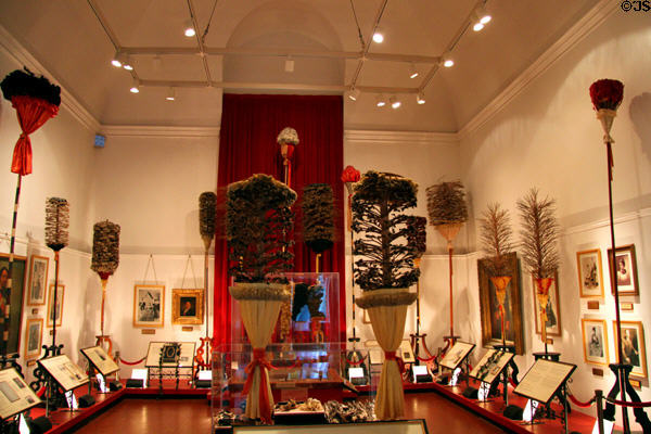 Kāhili Room with collection Hawaiian royal feather standards (prior to 1889) & portraits at Bishop Museum. Honolulu, HI.