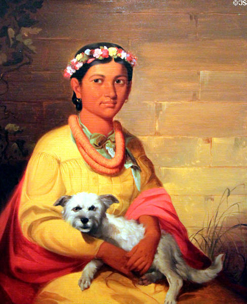 Hawaiian woman with dog painting (1849) by John Mix Stanley at Bishop Museum. Honolulu, HI.