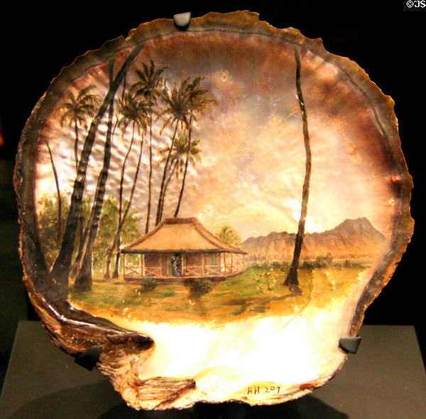 Home of Kamehameha V in Waikiki shell painting (c1889) attrib. to Bernice Pauahi Bishop at Bishop Museum. Honolulu, HI.