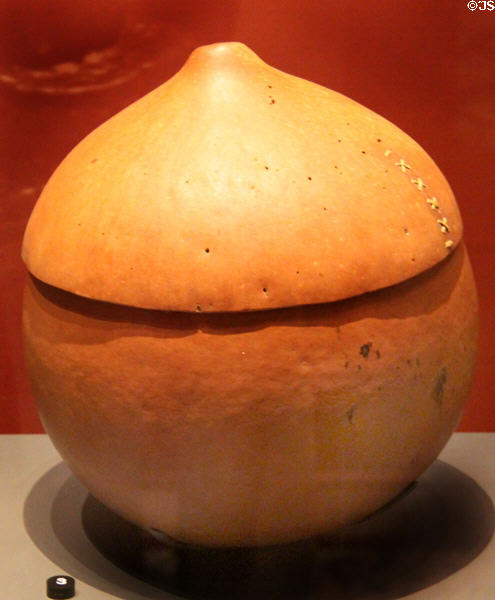 Hawaiian decorated gourd container at Bishop Museum. Honolulu, HI.