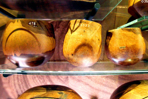 Wooden Hawaiian poi bowls at Bishop Museum. Honolulu, HI.