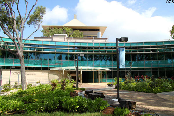 Curved facade of Center for Microbial Oceanography: Research & Education (C-MORE) at University of Hawai'i. Honolulu, HI.