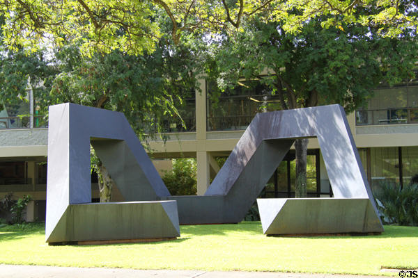 Fourth Sign sculpture (1976) by Tony Smith & Art Building at University of Hawai'i. Honolulu, HI.