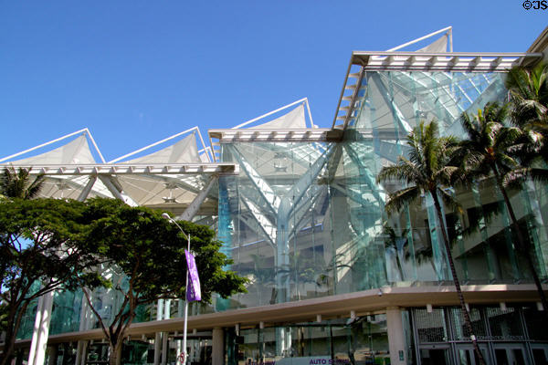 Glass entrance structure of Hawaii Convention Center. Honolulu, HI.