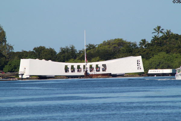 USS Arizona Memorial at Pearl Harbor constructed over wreckage of sunken battleship. Honolulu, HI.
