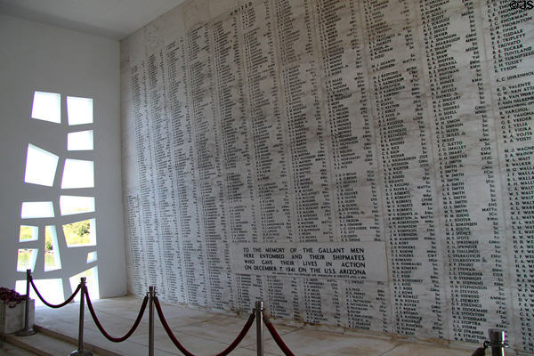 Wall of USS Arizona Memorial at Pearl Harbor lists names of 1177 victims. Honolulu, HI.