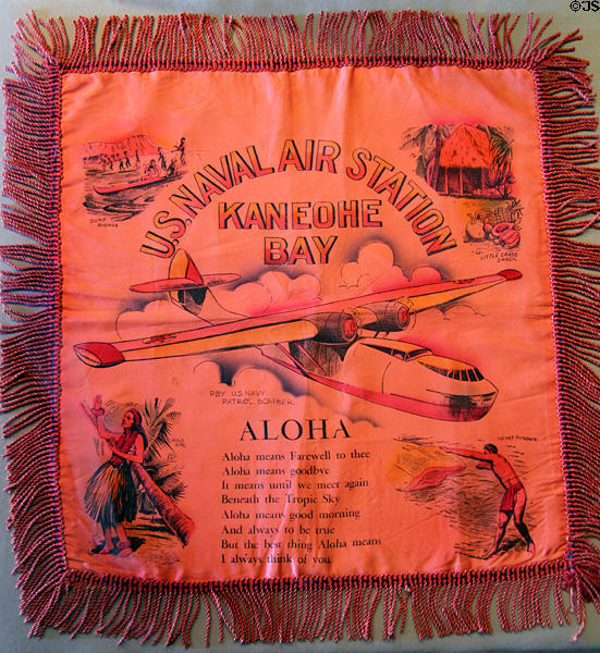 Pillow case souvenir (c1940s) of U.S. Naval Air Station at Kaneohe Bay with float plane patrol bomber at Arizona Memorial museum. Honolulu, HI.