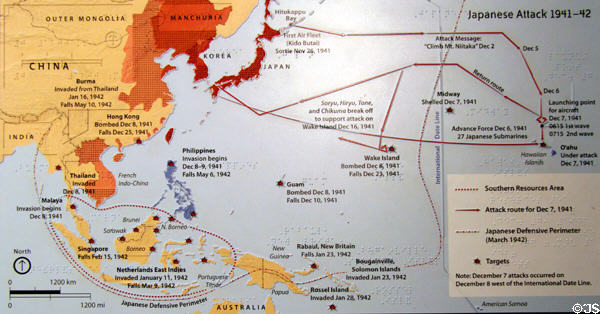 Map of Japanese attacks in 1941-2 at Arizona Memorial museum. Honolulu, HI.