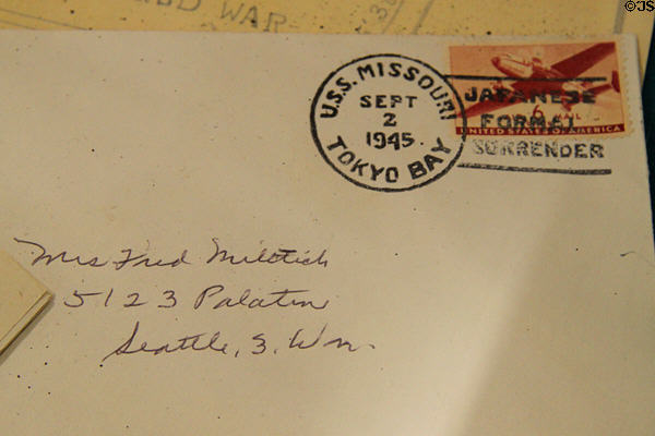 Postal cover franked aboard USS Missouri during Japanese Formal Surrender on Sept. 2, 1945. Honolulu, HI.