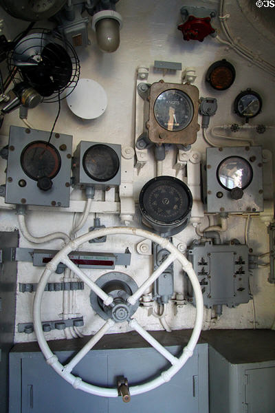 Interior of conning tower of USS Parche (SS-384) submarine at USS Bowfin Submarine Museum. Honolulu, HI.