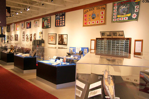 Gallery of WW II submarine flags at USS Bowfin Submarine Museum. Honolulu, HI.