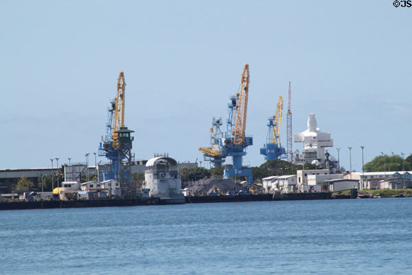 Shipyard cranes at Pearl Harbor. Honolulu, HI.