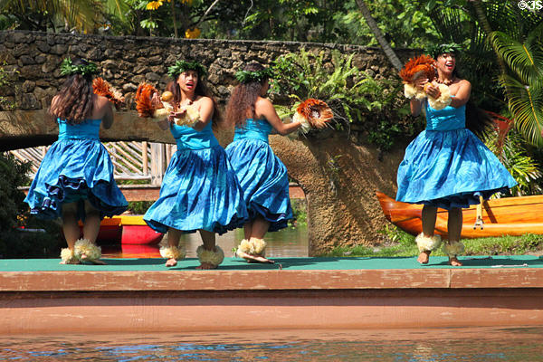 Hawaiian dancers in Rainbows of Paradise show at Polynesian Cultural Center. Laie, HI.